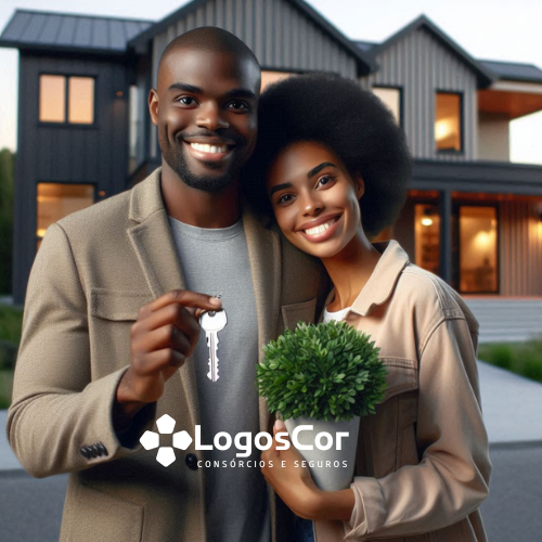 Casal feliz com sua nova casa adiquirida com o consórcio