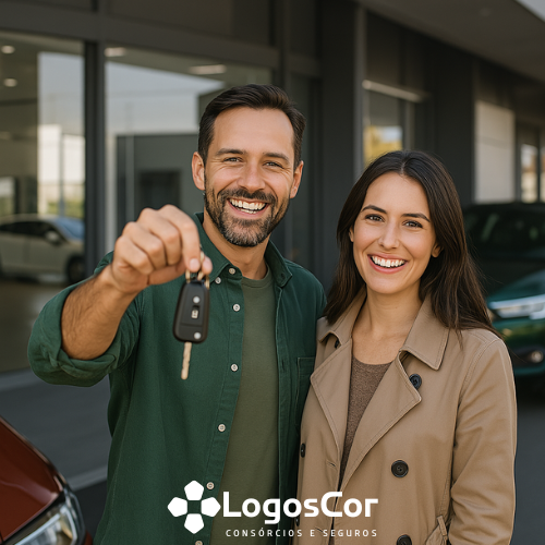Casal feliz com as chaves do carro novo adiquirido com o consórcio